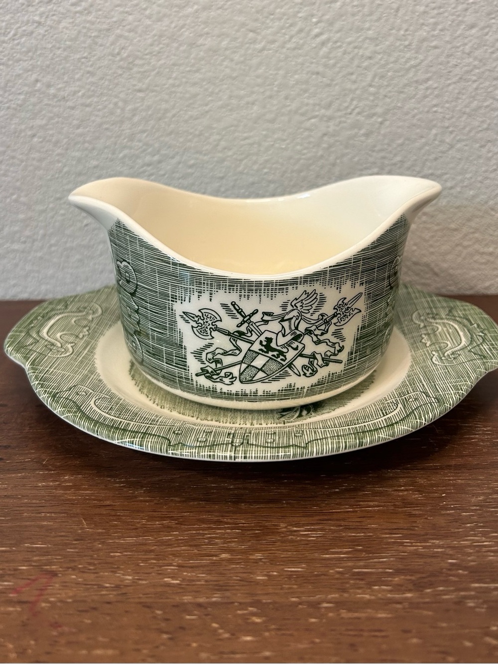 Vintage Royal China 50s The Old Curiosity Shop Green Gravy Boat & Underplate Set